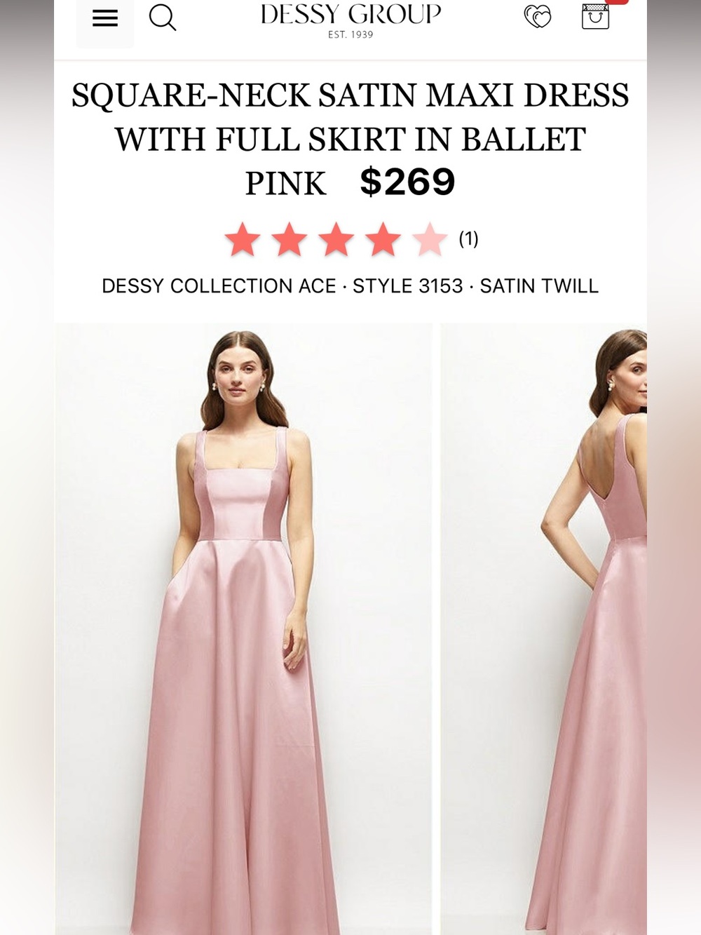 Dessy Collection Satin Square-Neck Maxi Dress in Ballet Pink